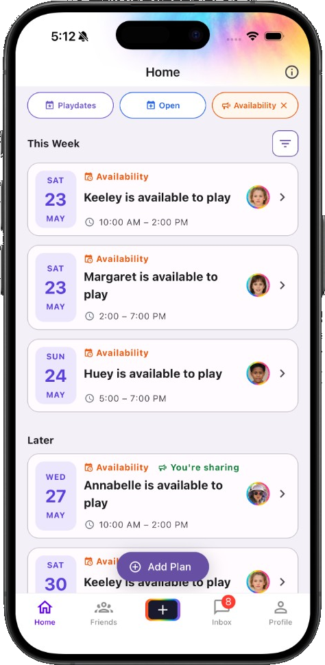 WithFriends Home screen showing friends' availability to play